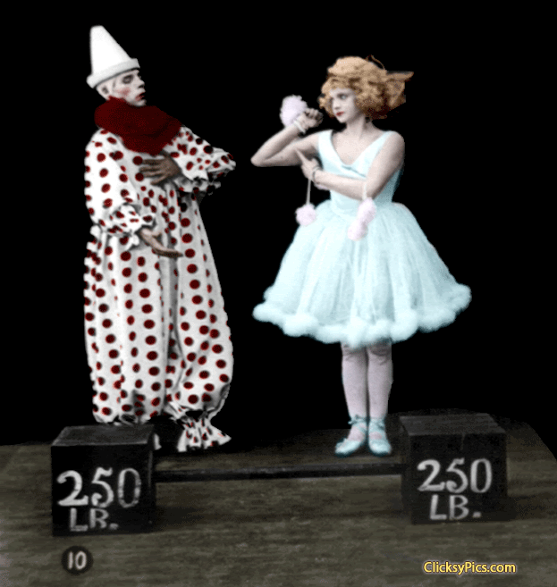 1923 - Barnum's Clown (Woman looking at clown while pointing to her arm muscle, weights labelled 250 lbs. on floor.)