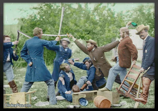 1863 - Falmouth, Virginia. A muss at headquarters, Army of the Potomac. Colorized Stereo Card Wiggle Animation.