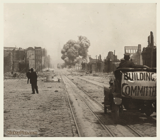 1906 - Dynamiting dangerous walls on Market St., after the fire, San Francisco Disaster, U.S.A. 